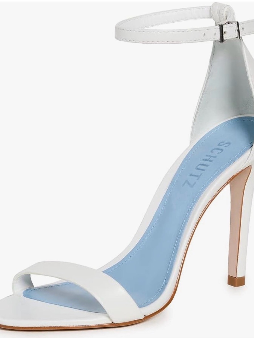 SCHUTZ White Leather Ankle-Strap Stiletto Sandal with Blue Insole